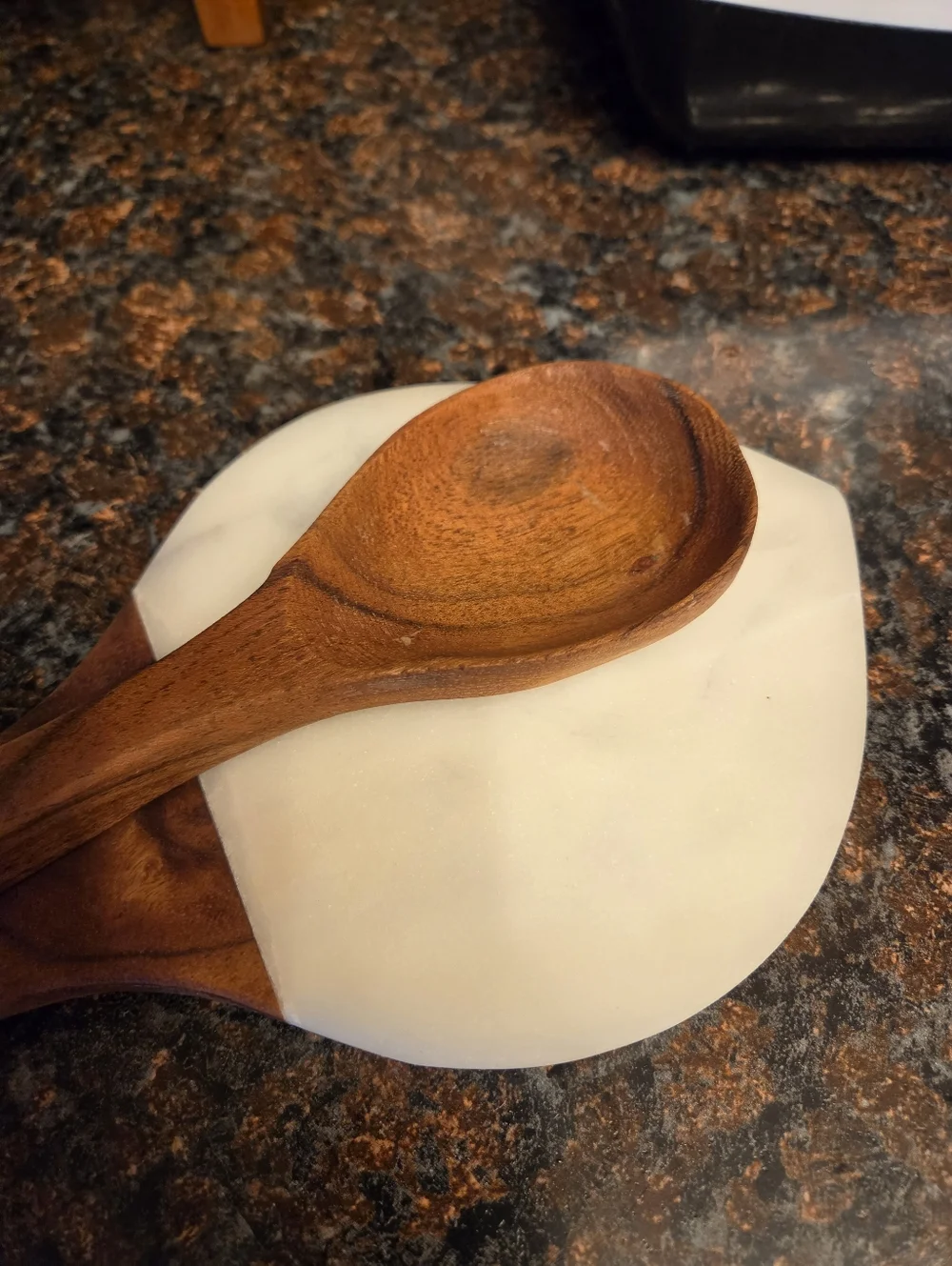 Marble and Acacia Wood Spoon Rest Mid-Century Modern Kitchen Decor Handcrafted